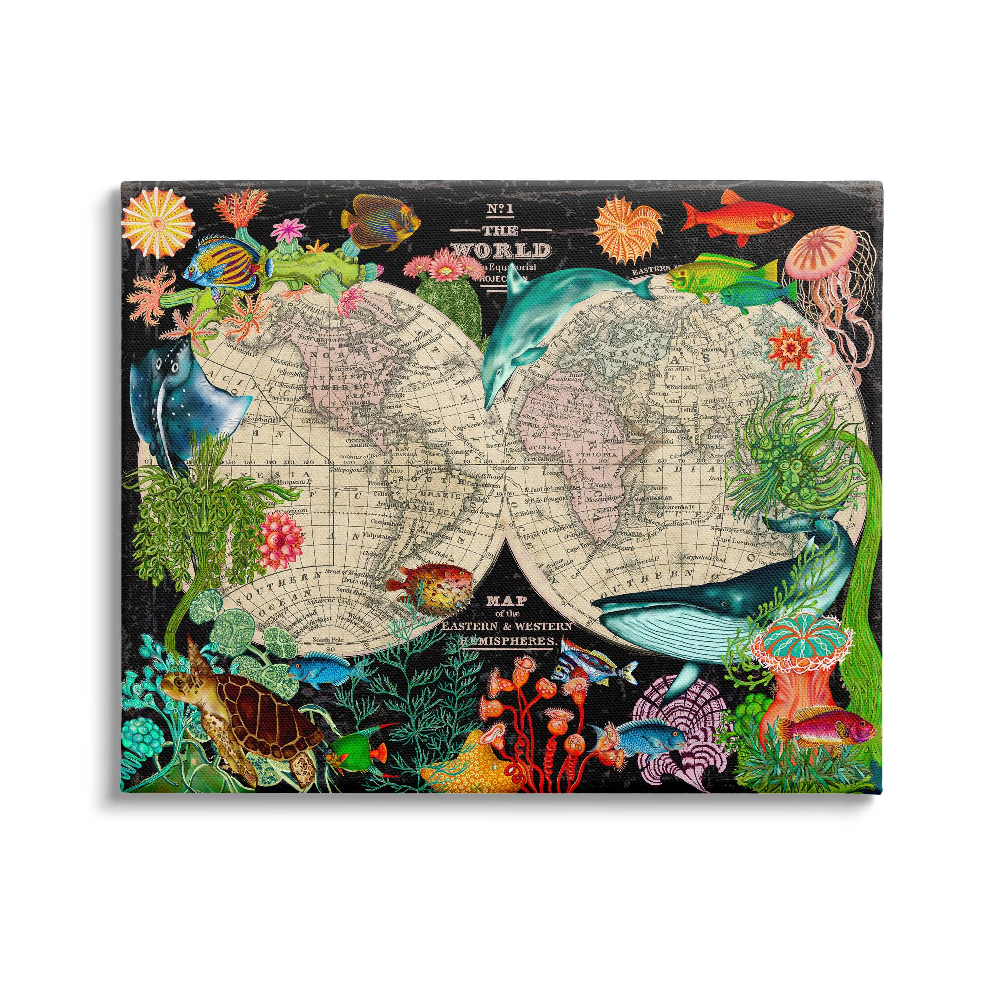 Stupell Industries Vintage World Hemisphere Map Vibrant Marine Animal Illustrations Canvas Wall Art